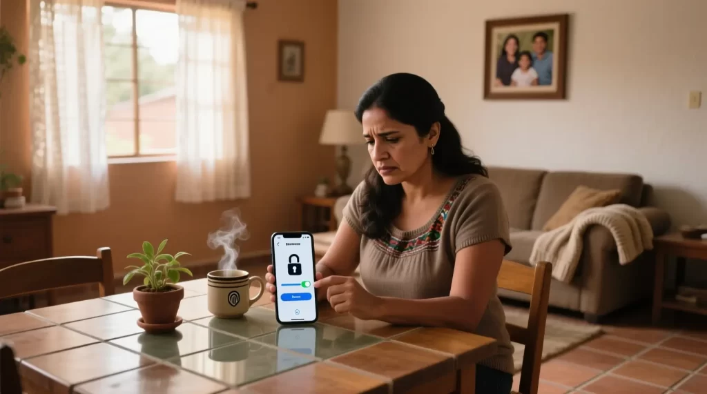 Mujer mexicana configurando seguridad en app de banca móvil en smartphone, en sala de estar moderna y segura