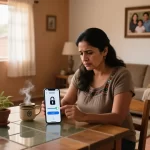 Mujer mexicana configurando seguridad en app de banca móvil en smartphone, en sala de estar moderna y segura