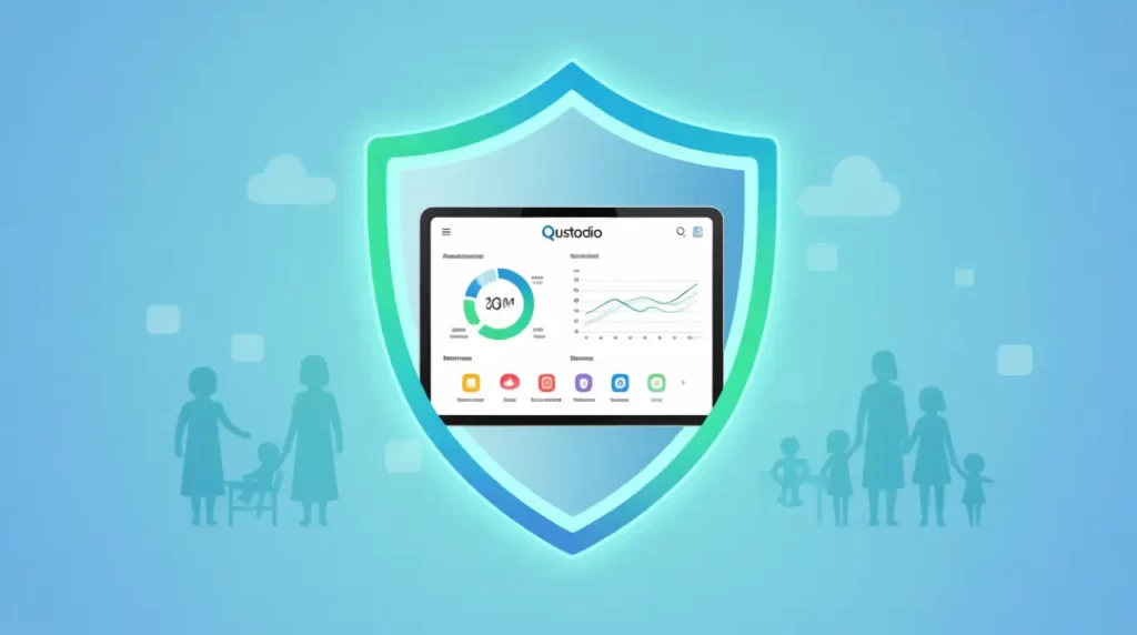 Interfaz del aplicativo Qustodio dentro de un escudo digital, representando la protección y seguridad en línea para familias mexicanas.