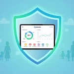 Interfaz del aplicativo Qustodio dentro de un escudo digital, representando la protección y seguridad en línea para familias mexicanas.