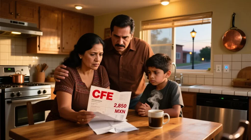 Familia mexicana viendo la factura de electricidad