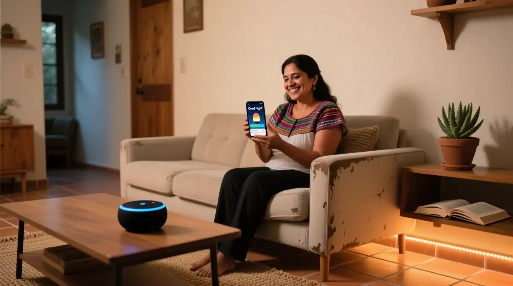 Mujer mexicana relajada en sofá mientras smartphone muestra rutinas inteligentes activadas en app de hogar