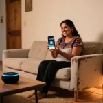 Mujer mexicana relajada en sofá mientras smartphone muestra rutinas inteligentes activadas en app de hogar