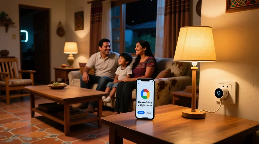 Familia mexicana relajándose en su sala con dispositivos inteligentes: celular con app Google Home, enchufe TP-Link Tapo y bombilla inteligente — ejemplo real de casa inteligente en México 2025.