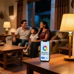 Familia mexicana relajándose en su sala con dispositivos inteligentes: celular con app Google Home, enchufe TP-Link Tapo y bombilla inteligente — ejemplo real de casa inteligente en México 2025.