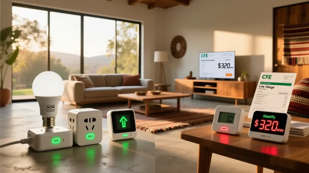 Dispositivos inteligentes certificados NOM ahorrando energía en hogar mexicano