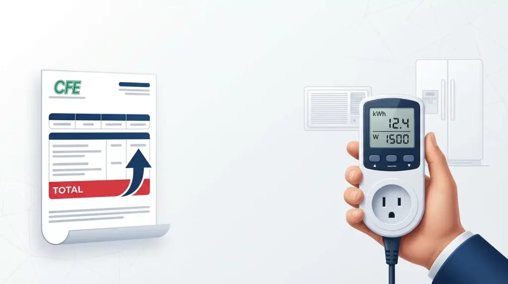 Fotografía editorial que muestra un recibo de luz con un aumento marcado en rojo y una mano utilizando un medidor de consumo eléctrico para detectar aparatos que gastan mucha energía.