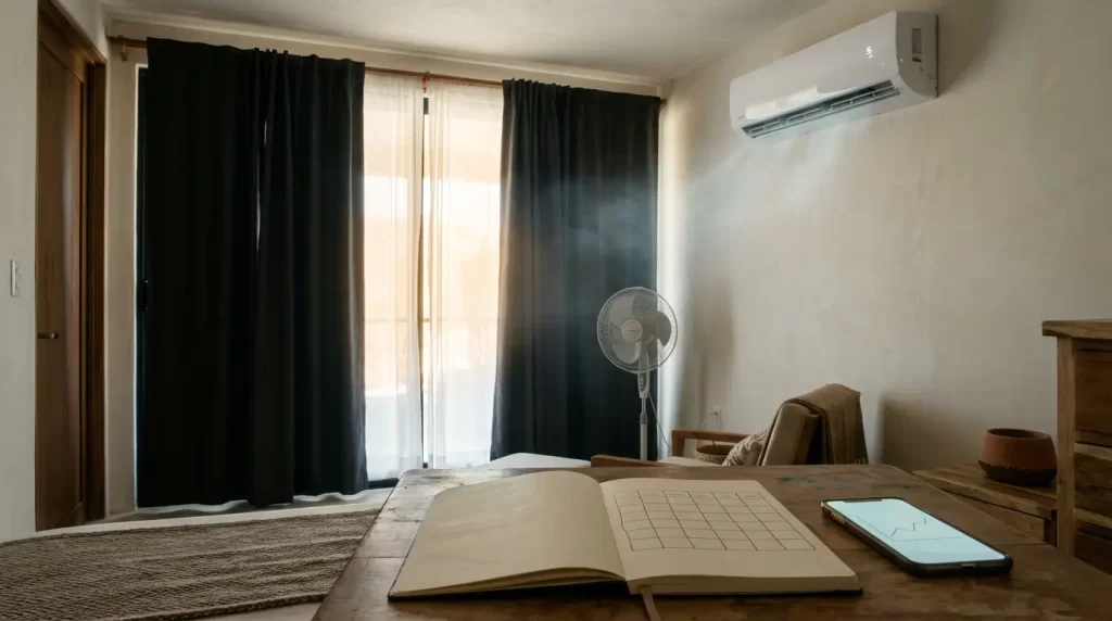 Rutina eficiente de aire acondicionado en recámara con ventilador, cortinas para sombra y mini split funcionando